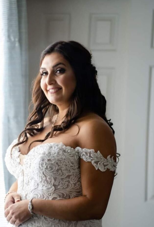 Long brown hair bridal styling by Trish